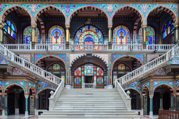 Obraz premium An exquisite display of intricate stained glass and detailed architectural elements in a grand interior setting that blends color, form, and structural beauty