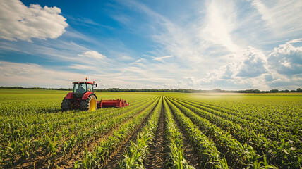 A farmer driving a red tractor through a vast cornfield under a bright blue sky, with rows of corn stretching into the distance