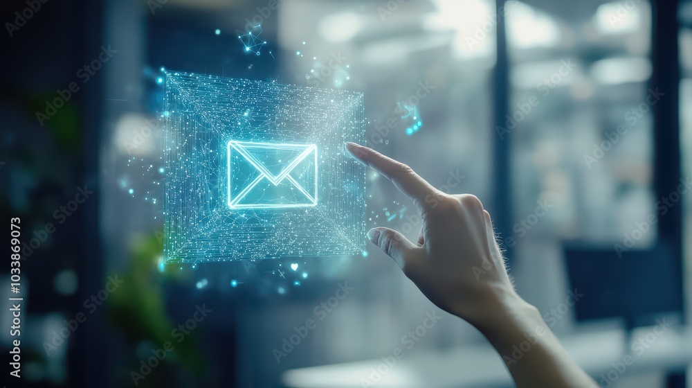 Poster a hand interacting with a digital email icon in an immersive tech environment, symbolizing communica