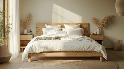Serene Bedroom with Wooden Bed Frame and Sunlit Room Creating a Relaxing Retreat