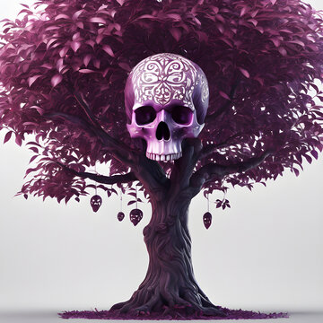 A small tree with a dark purple trunk. Its leaves have a skull-like pattern. The red eyes of some leaves glow slightly when hit by studio lights.