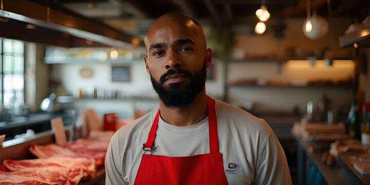 An African American male butcher in a white uniform and red apron skillfully prepares fresh cuts of meat. The butcher shop is vibrant, with a display of various meats and a friendly atmosphere.