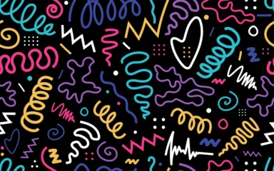 Vivied line doodle seamless pattern trendy 90s retro style kids party confetti texture childish scribble backdrop repeatable grid wallpaper