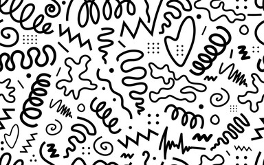 Line doodle seamless pattern black white trendy 90s retro style confetti texture childish scribble backdrop repeatable grid wallpaper