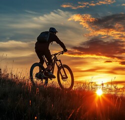 Obraz premium Silhouette of a Cyclist Riding Through Fields at Sunset with Golden Sky