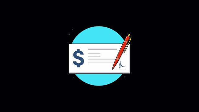 Bank Check with Pen. Donation Concept Animation Video - Transparent