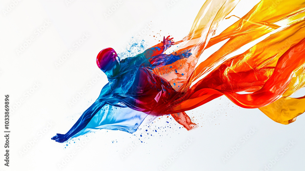 Poster A person immersed in vibrant colors, creating dynamic splash effects during an art performance