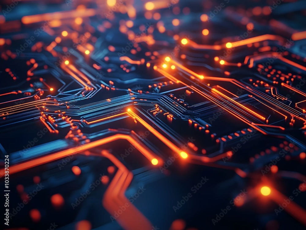 Poster a close-up view of a circuit board with glowing pathways and connections.