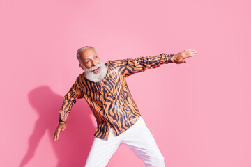 Photo of crazy funky old man moving feel carefree wear glamour clothes isolated pastel color...