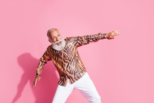 Photo of crazy funky old man moving feel carefree wear glamour clothes isolated pastel color background