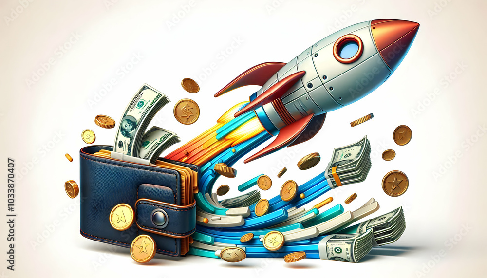 Poster 3d wallet transforming into rocket concept vector - wallet morphing into rocket mid launch with coin