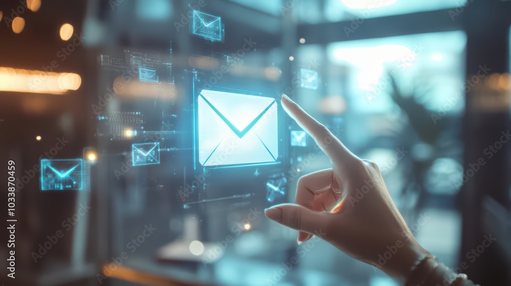 Poster a person interacting with a virtual email interface, symbolizing digital communication and modern te