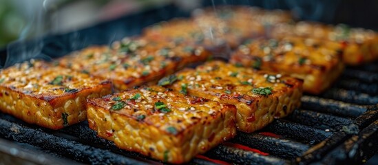 Mouthwatering grilled meat fish and vegetable dishes sizzling and charring on a hot barbecue grill creating a tantalizing aroma and texture for an outdoor summer feast or backyard gathering