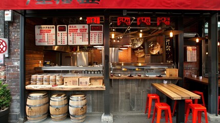 Obraz premium A lively street food stall in a bustling urban environment showcasing a vibrant red awning and enticing menu offerings displayed prominently