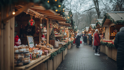 A festive holiday market with stalls decorated for Christmas, offering seasonal treats and handmade gifts