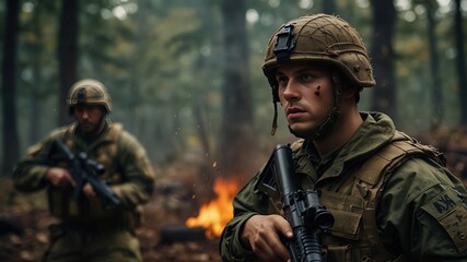 Fototapeta premium Airsoft Battle: Soldiers Clash in Intense Combat Simulation
