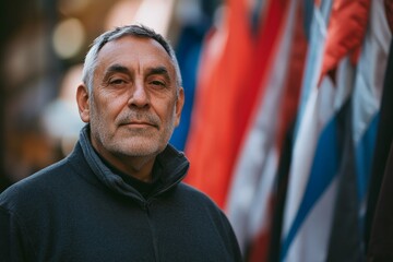 Fototapeta premium An older gentleman poses confidently with an array of vibrant flags in the background, symbolizing experience, wisdom, and the beauty of multicultural integration.