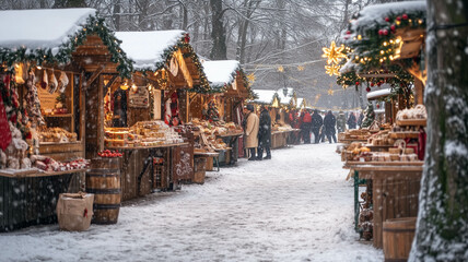 Fototapeta premium A festive holiday market with stalls decorated for Christmas, offering seasonal treats and handmade gifts