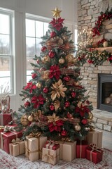 An elegant Christmas tree with shopping bags and gift boxes