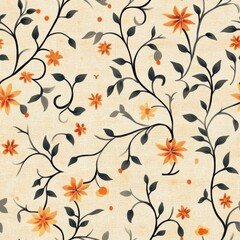 Vintage Folk Art scroll pattern on vintage beige fabric background, seamless repeating pattern, textile print style, minimal, Folk Art design, seamless scroll pattern, home decor, textiles