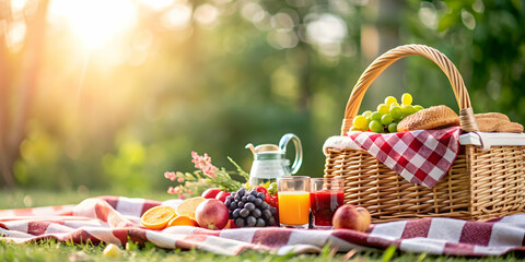 Outdoor picnic setup with blanket, basket, fruits, and beverages on plain background with ample copy space for text overlays in photo stock concept.