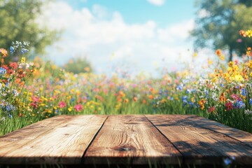Fototapeta premium A serene wooden table in a vibrant flower field under a bright blue sky, perfect for showcasing nature's beauty and tranquility.
