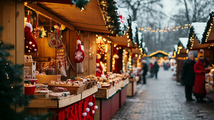 Fototapeta premium A festive holiday market with stalls decorated for Christmas, offering seasonal treats and handmade gifts