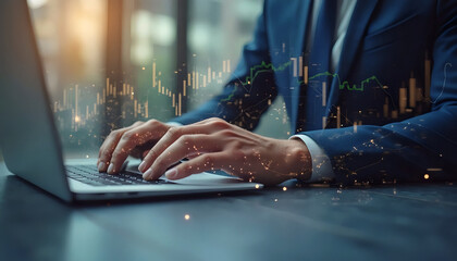 Businessman Working on Laptop with Financial Data Overlay.