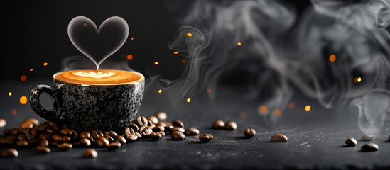 Hot Black Coffee Cup with Heart-Shaped Steam and Coffee Beans - Coffee Lover's Delight
