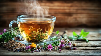Fototapeta premium A steaming cup of herbal tea surrounded by fresh herbs on a rustic wooden background, evoking warmth and relaxation.