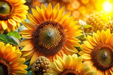 Fototapeta premium Vibrant Summer Floral Composition with Golden Sunflowers and Honeycomb Pattern Abstract Background for Fashion Photography