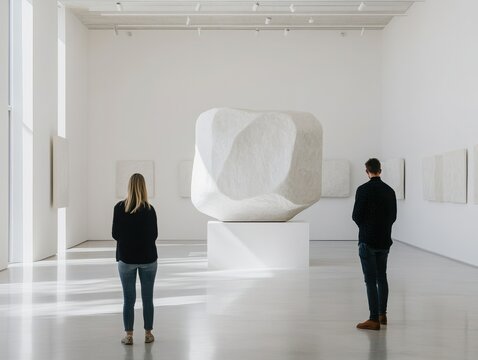 Two visitors admire a modern sculpture in a bright art gallery, showcasing creativity and minimalist design.