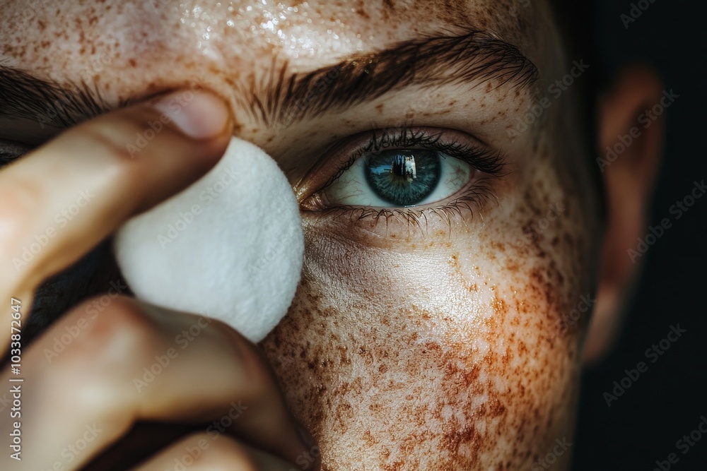 Poster a striking close-up of an eye on a freckled face, highlighting intricate textures and colors, with a