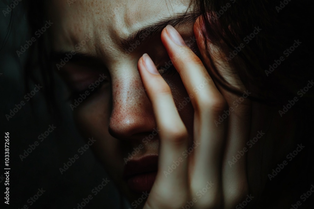Poster A close-up image of a person with freckles touching their forehead, capturing intense emotions through the facial expression and lighting contrasts on the skin's surface.
