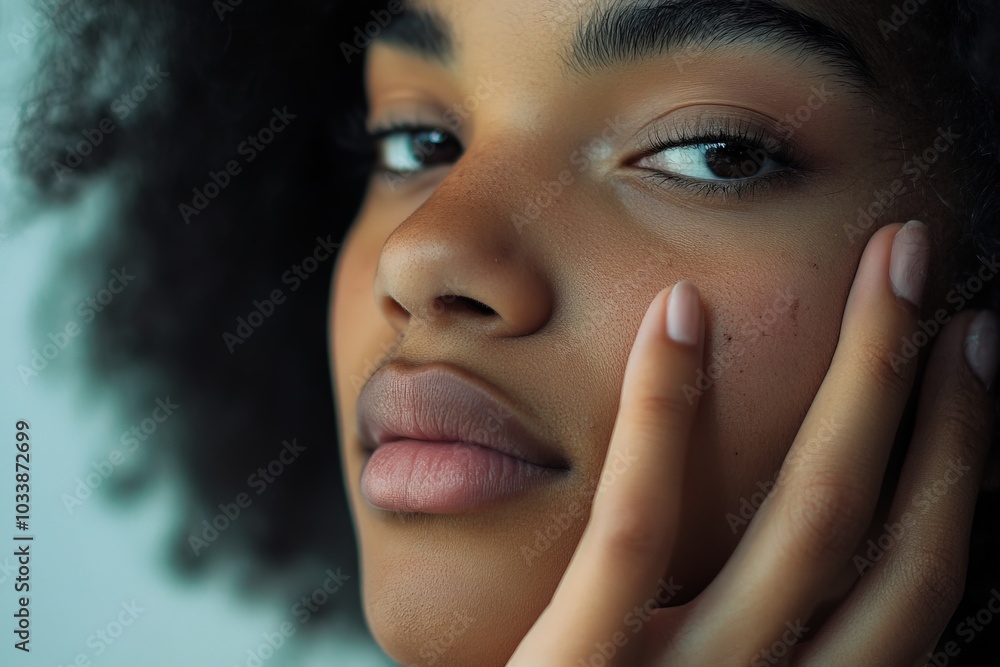 Poster a serene gaze is captured in a close-up with focus on eyes and a hand resting on the cheek, emphasiz