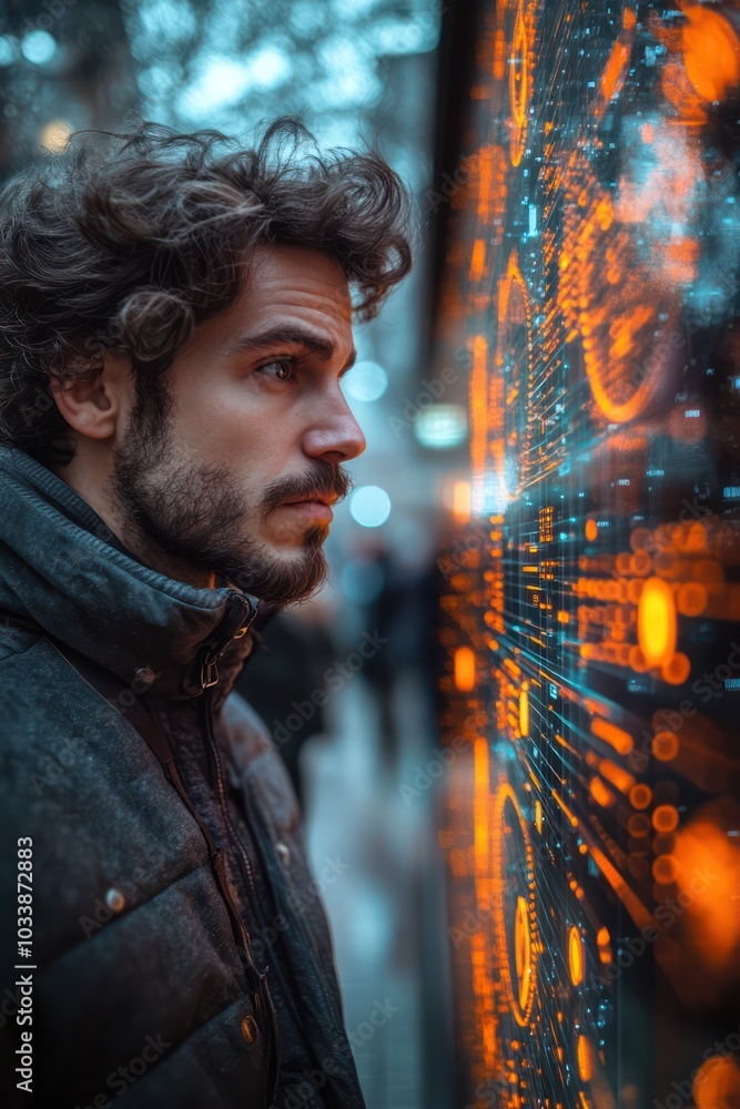 Poster a man with a beard looking at a screen with a lot of orange dots