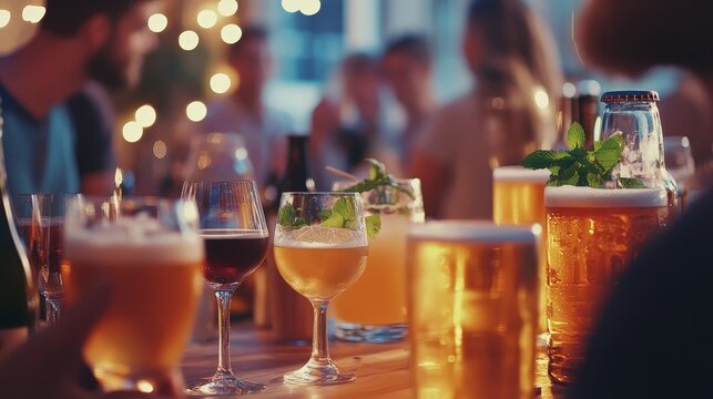 A dynamic shot of a social gathering where guests are enjoying different alcoholic beverages, from cocktails to beers