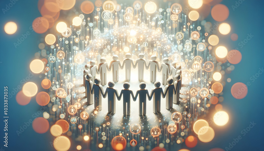 Aufkleber 3d bokeh community figures holding hands: abstract soft figures in circle with light effects symboli