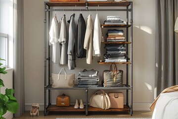Bedroom storage rack with gray metal frame and dark wood shelves, displaying clothing and accessories in a minimalistic decor environment.