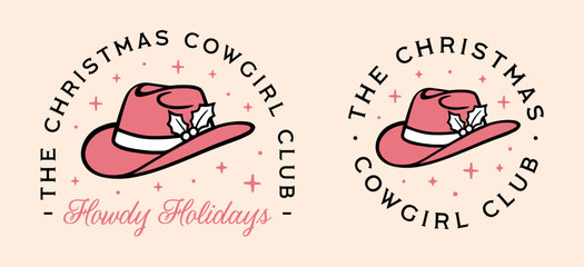 Christmas cowgirl club howdy Holidays badge pack bundle set cowboy hat holly illustration drawing western country girl pink aesthetic. Retro vintage girly disco party squad crew shirt design cut file.