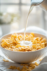 Pouring milk splash into bowl of corn flakes morning breakfast. Source of protein and fiber.