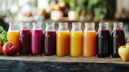 A dynamic shot of a variety of juices displayed in glass jars, from apple to beetroot, showcasing health and freshness