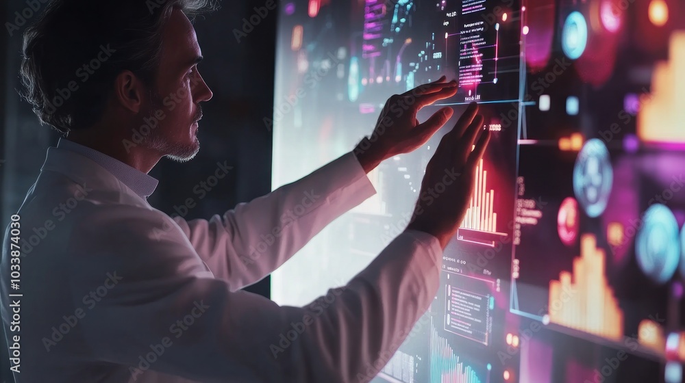 Poster man interacting with futuristic interface