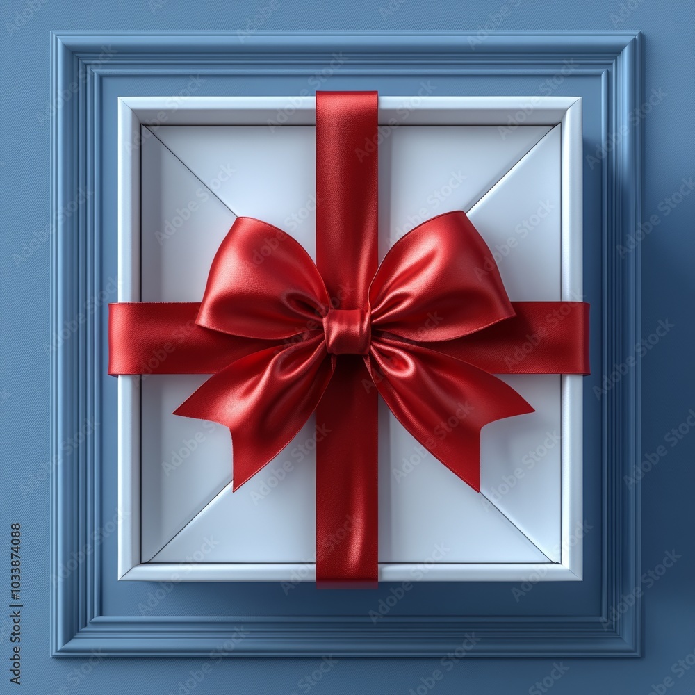 Poster present box with red ribbon bow open or unfolded with shadow on white background