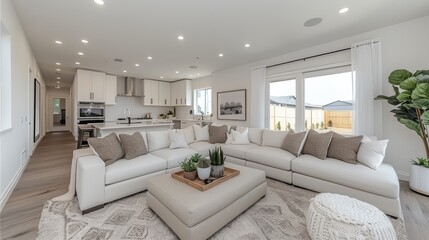 Spacious and elegant modern living room with neutral tones, featuring a large corner sofa and stylish decor elements illuminated by natural light