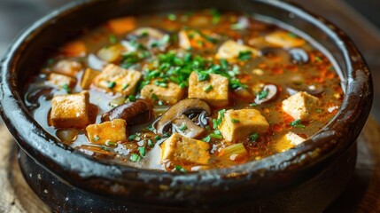 Hearty Nourishing Vegetable and Tofu Stew Served in a Rustic Ceramic Bowl  This Simmering Fragrant Asian Inspired Dish is a Comforting Wholesome Meal Filled with Savory Flavors and Vibrant Colors