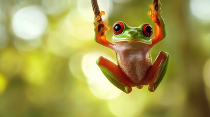 Naklejka premium Green Tree Frog Swinging on a Rope