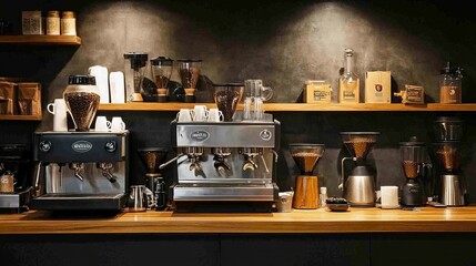 A dynamic shot of an espresso bar with various coffee-making tools and equipment on display
