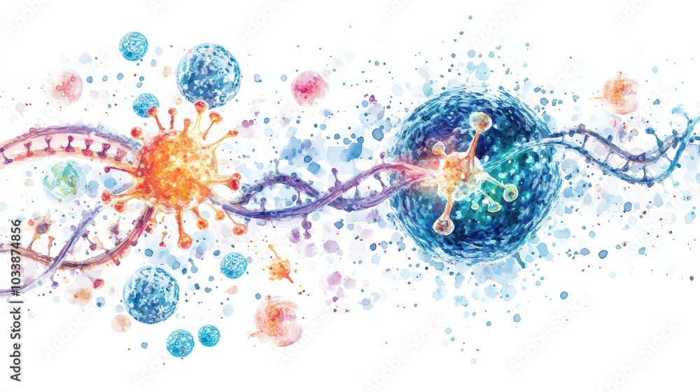 Poster abstract representation of viruses and cells, illustrating molecular structures and intricate intera