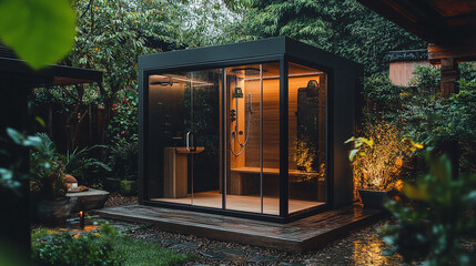 Modern outdoor shower enclosure in a lush garden surrounded by greenery during twilight hours